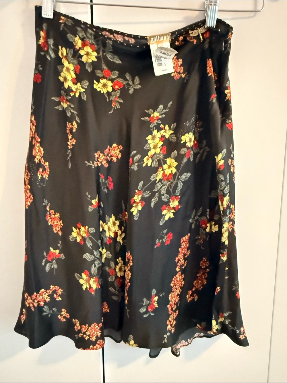 Galliano Black Satin A-Line Skirt with Yellow & Red Floral Print